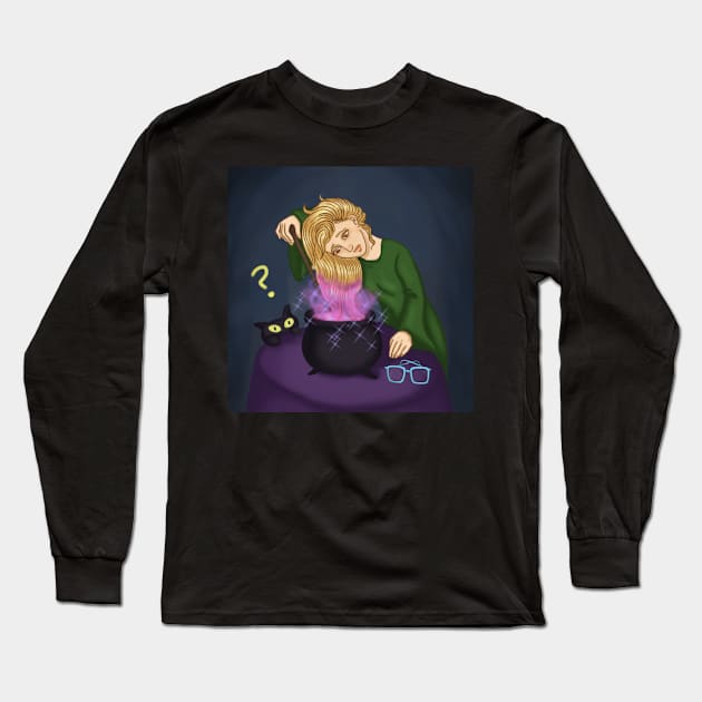 Witch with black cat coloring her hair magically Long Sleeve T-Shirt by CintiaSand